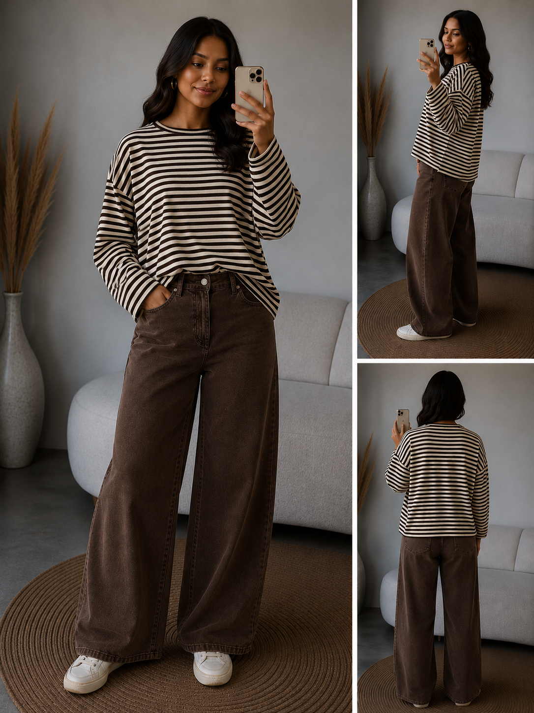 T-Shirt Longsleeve streep | Bruin/Beige