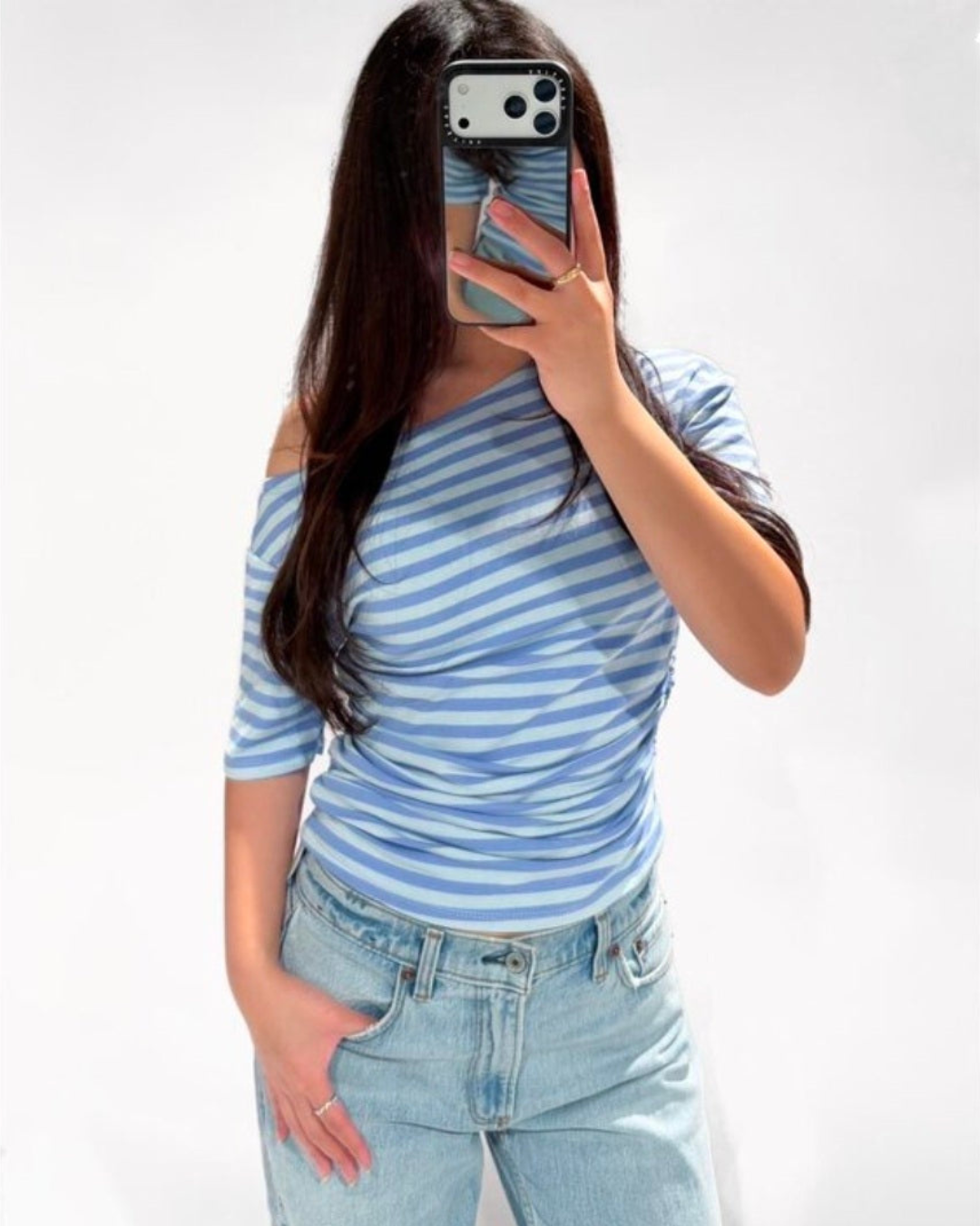 Top Off-Shoulder | Streep Blauw