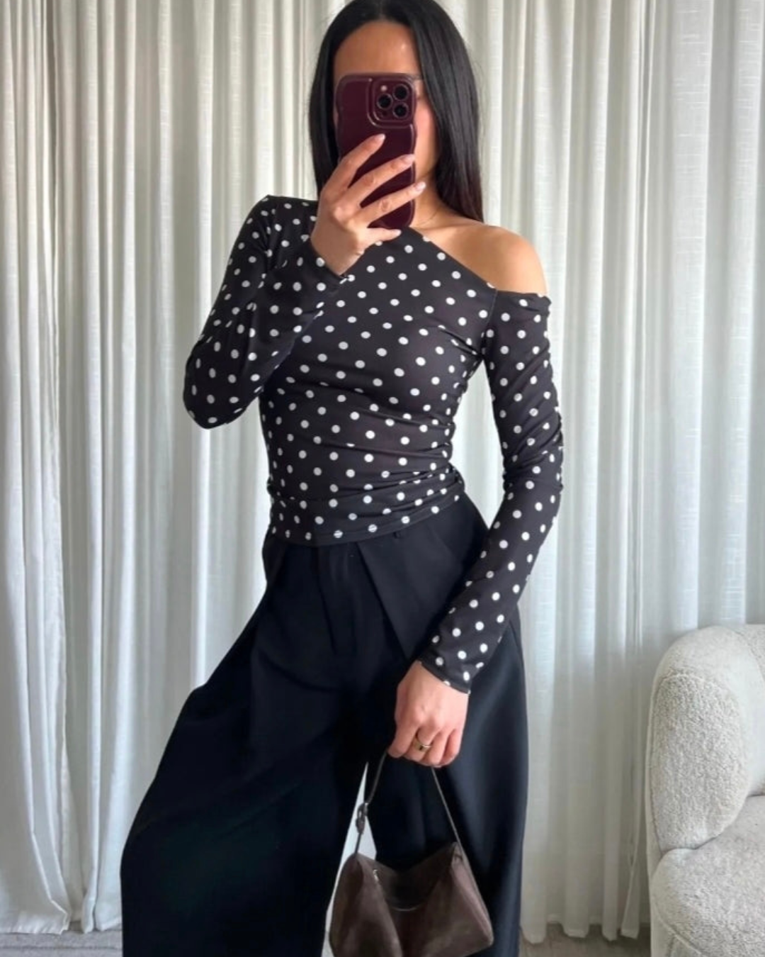 Top Off-Shoulder Stippen | Lange mouw Zwart