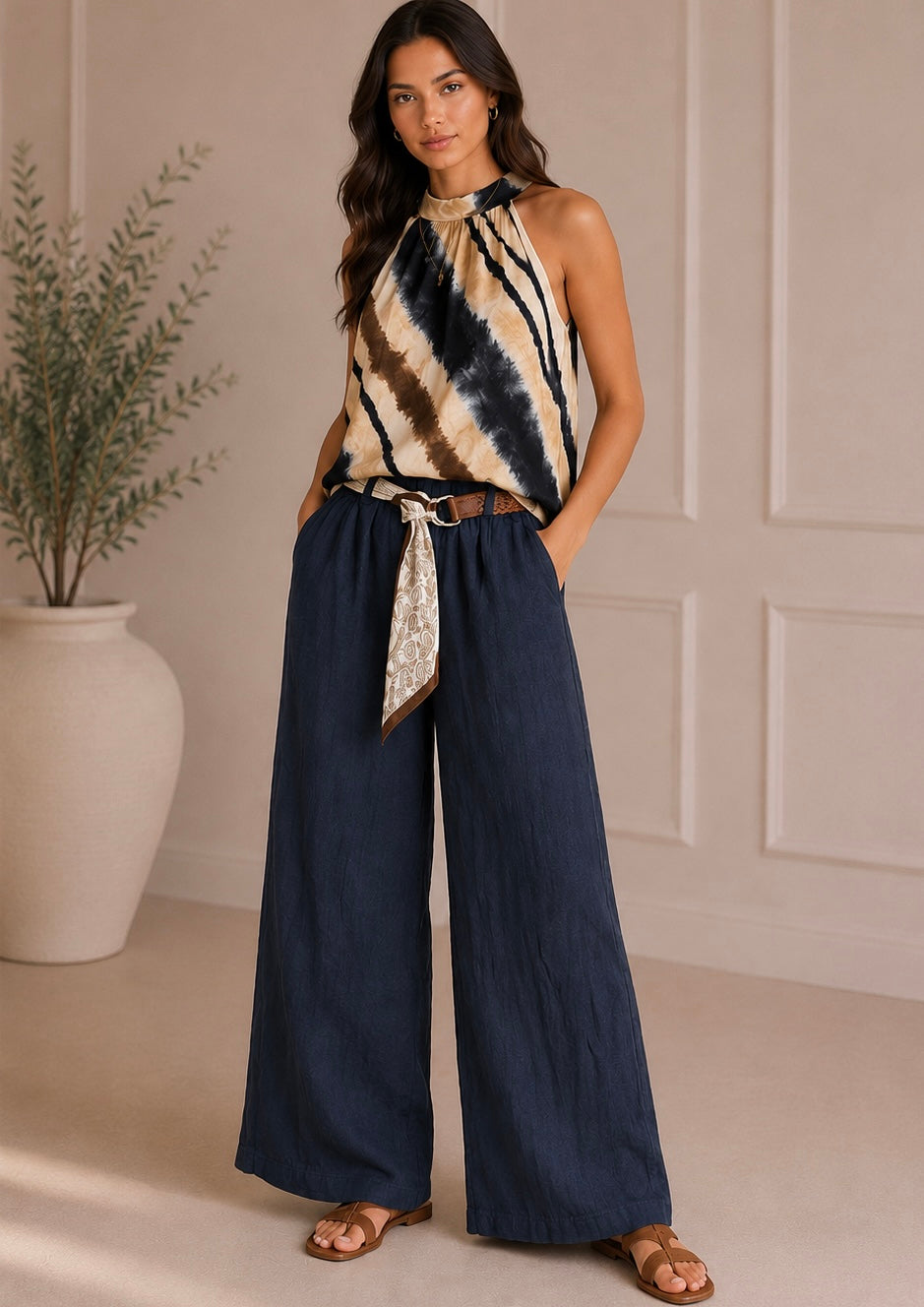 Broek Linnen Riem I Navy