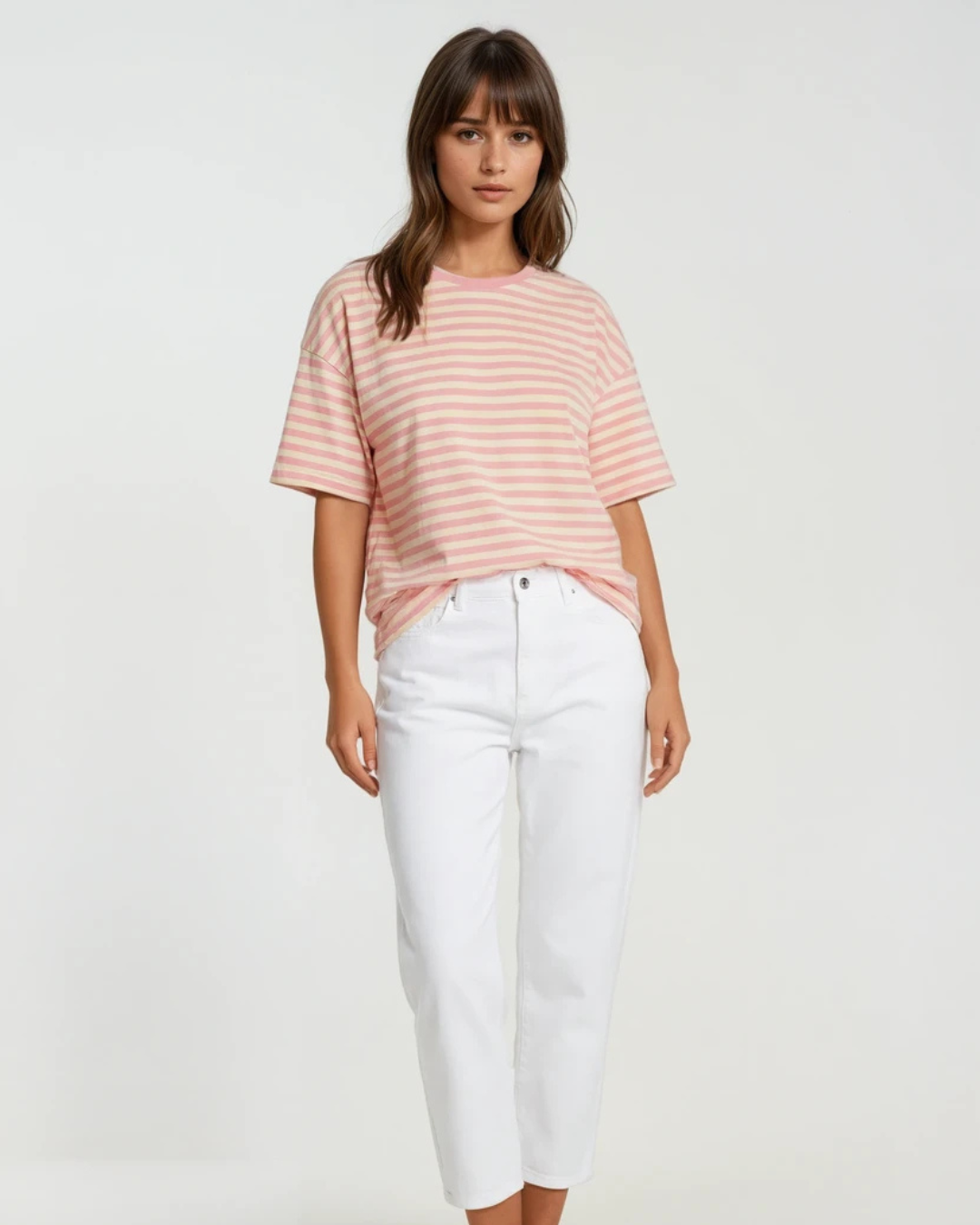 T-shirts Streep oversized | Rose/ wit