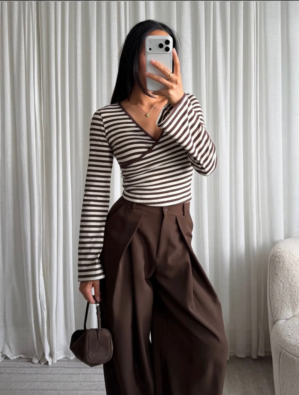 Top Flare sleeve streep I Bruin/beige