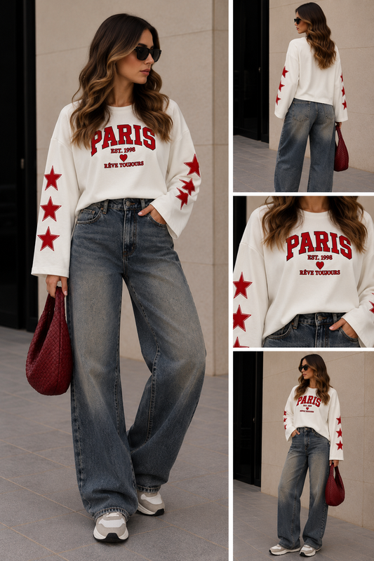 Sweater longsleeve Paris  I wit/rood