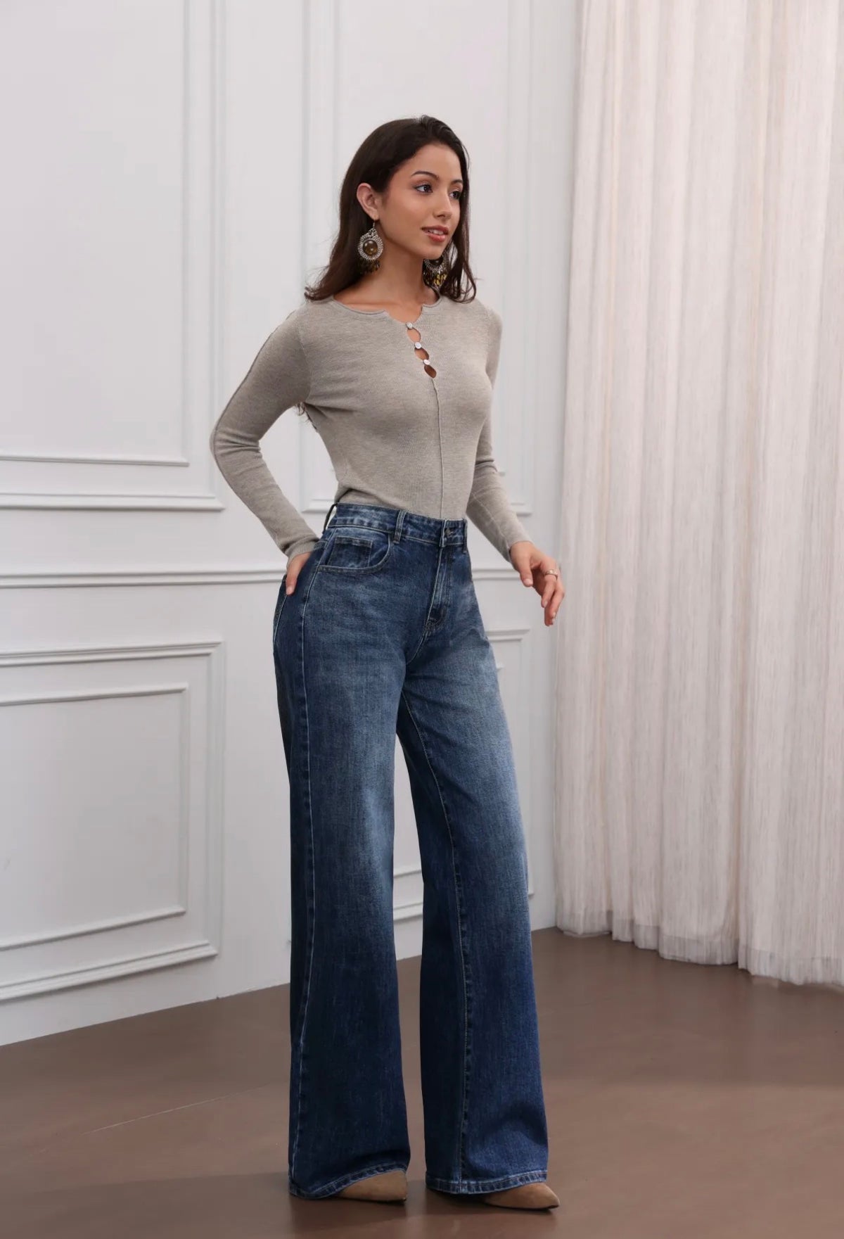 Wide-Leg stretch Jeans | Donker Blauw