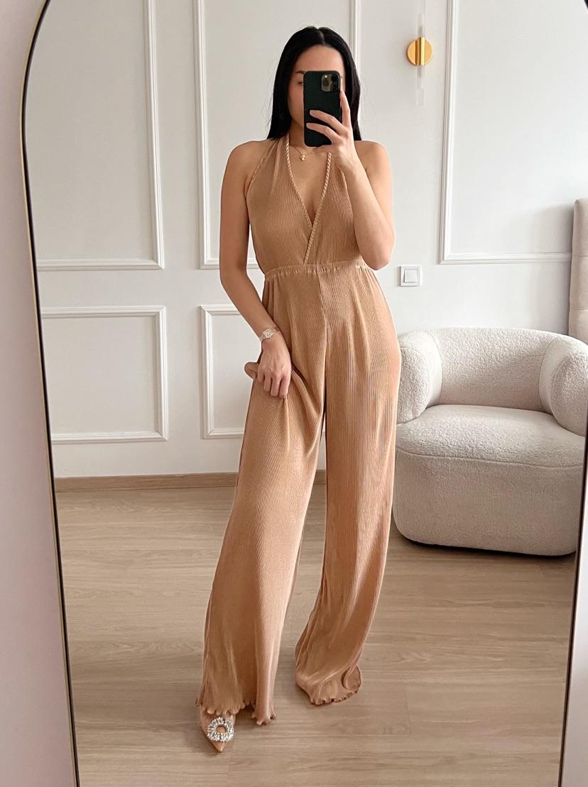 Jumpsuit halsband Ribbels I beige