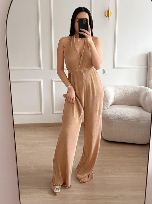 Jumpsuit halsband Ribbels I beige