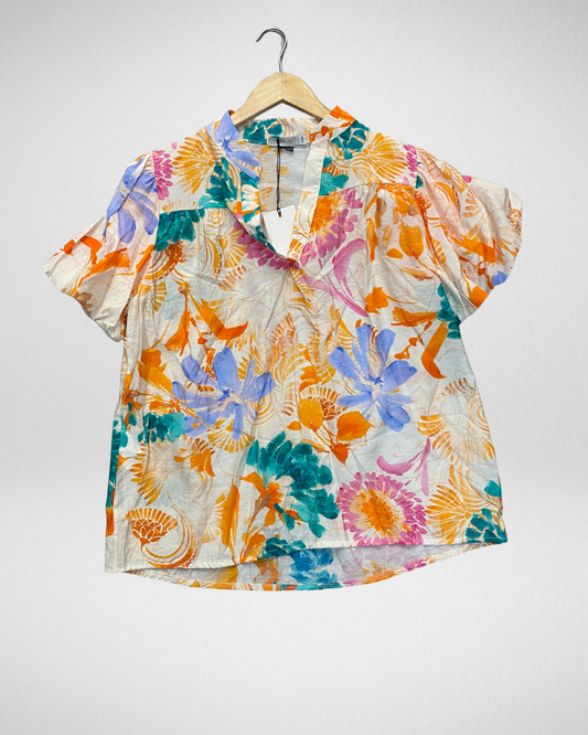 V hals blouse bloem korte mouwI Oranje