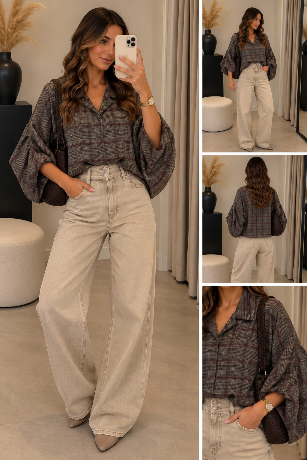 Blouse stof Gemma riccery Vlindermouw Ruit I Antraciet/bordeaux