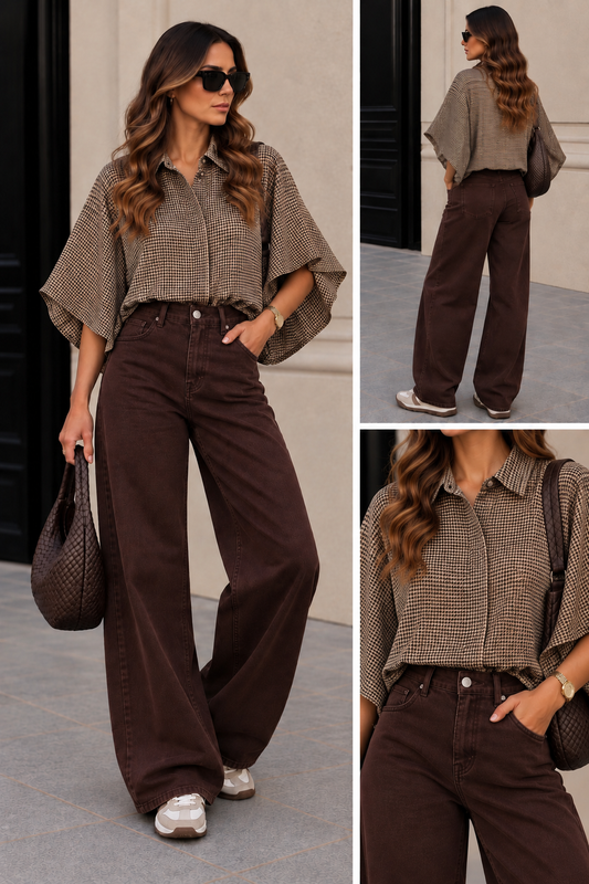 Blouse stof Gemma riccery Vlindermouw Ruit I Beige
