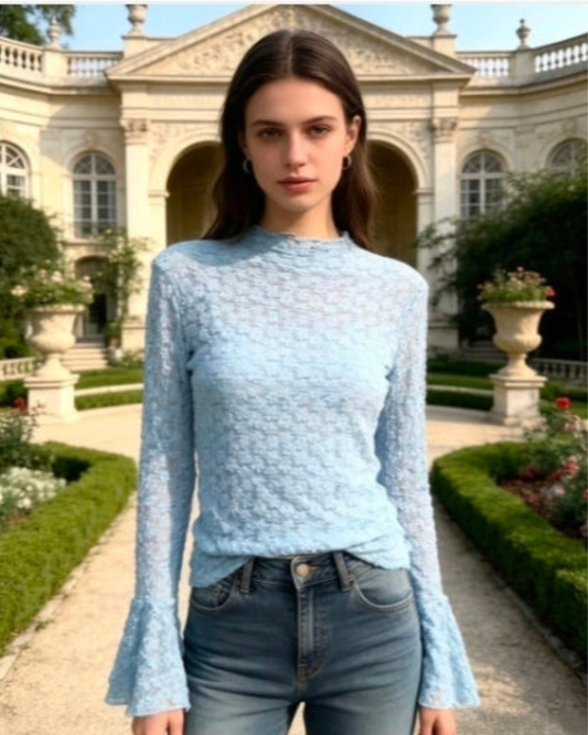 Transparant Top Trompet mouw | Licht Blauw