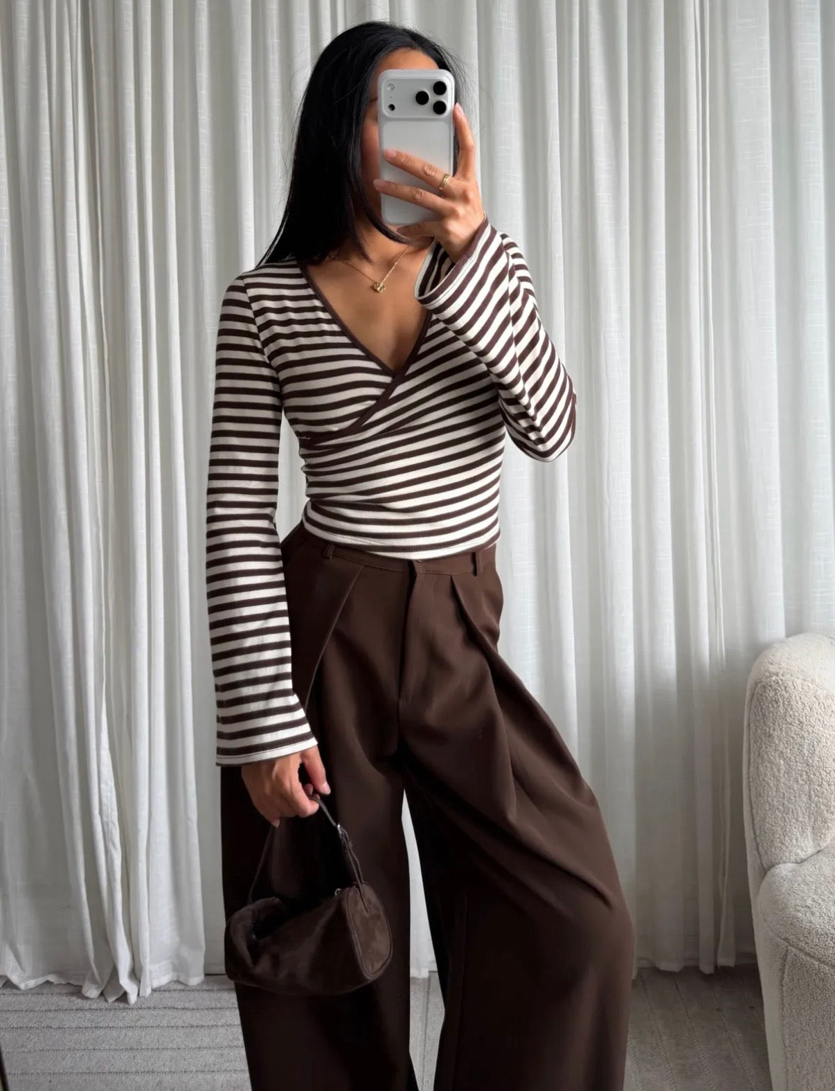 Top Flare sleeve streep I Bruin/beige