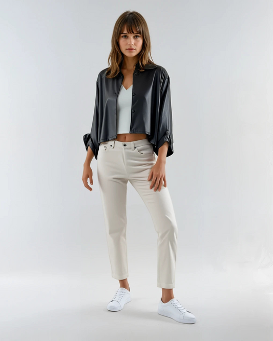 Korte trenchcoat leatherlook | Zwart