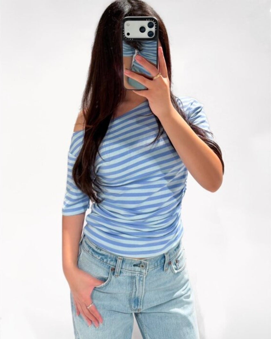 Top Off-Shoulder | Streep Blauw
