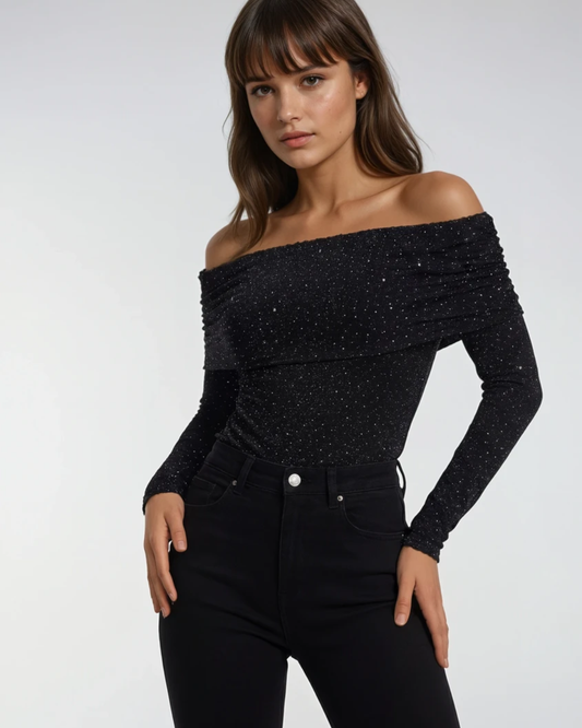 Off-Shoulder Glitter Top | Zwart