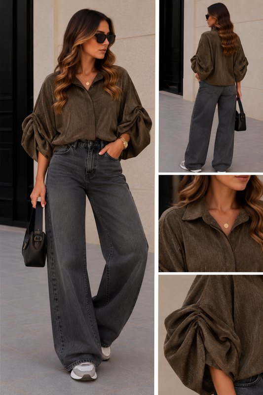 Blouse stof Lurex Vlindermouw I Bruin