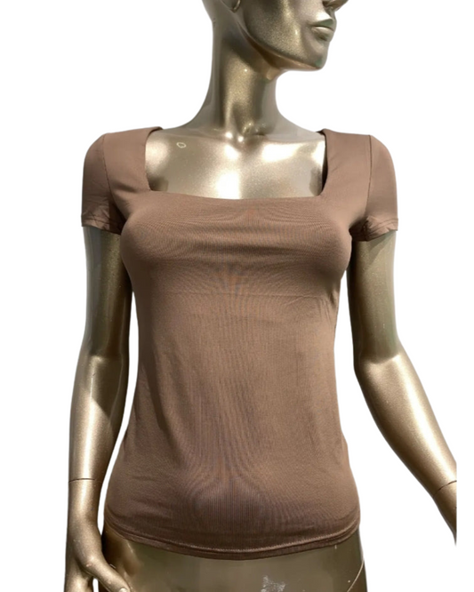 Vierkant Hals Top korte mouw| Bruin