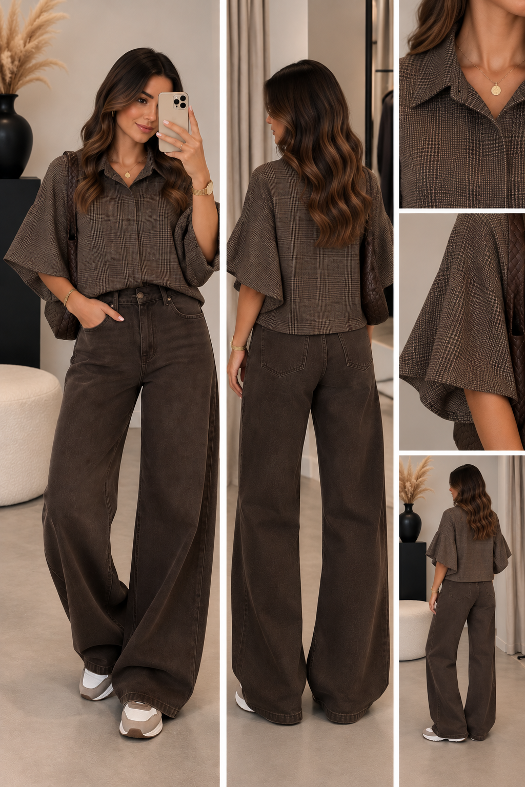 Blouse stof Gemma riccery Vlindermouw Ruit I Choco