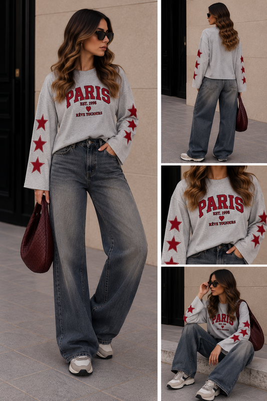 Sweater longsleeve Paris  I Grijs/bordeaux