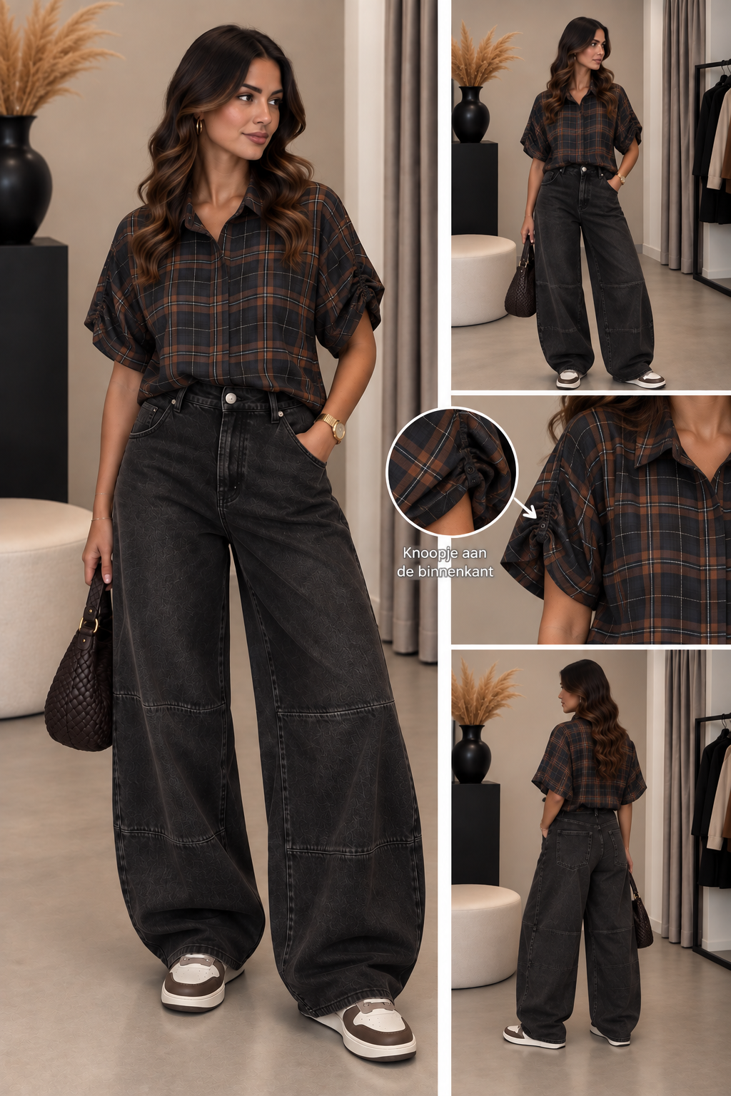 Blouse Gemma riccery Vlindermouw Ruit I Zwart/ Bruin
