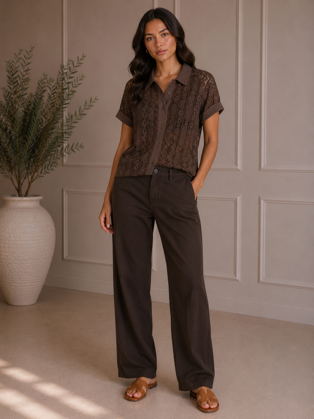 Blouse ruit I Bruin