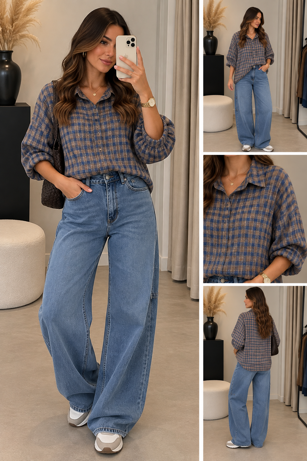 Blouse stof Gemma riccery Vlindermouw Ruit I Blauw