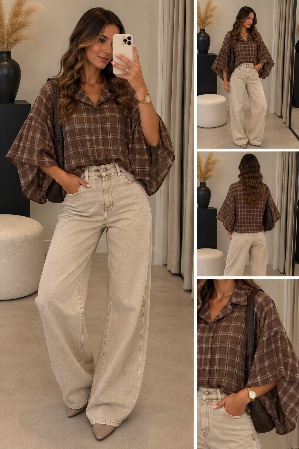 Blouse stof Gemma riccery Vlindermouw Ruit I Bruin/Beige