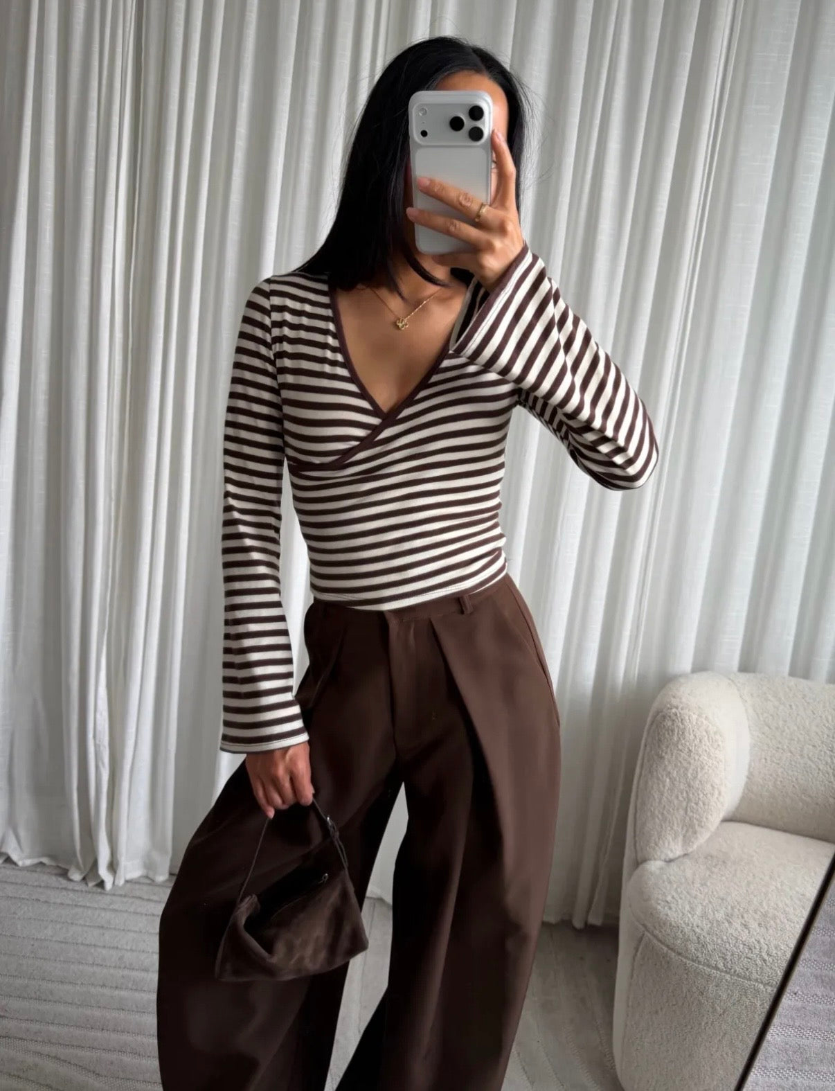 Top Flare sleeve streep I Bruin/beige