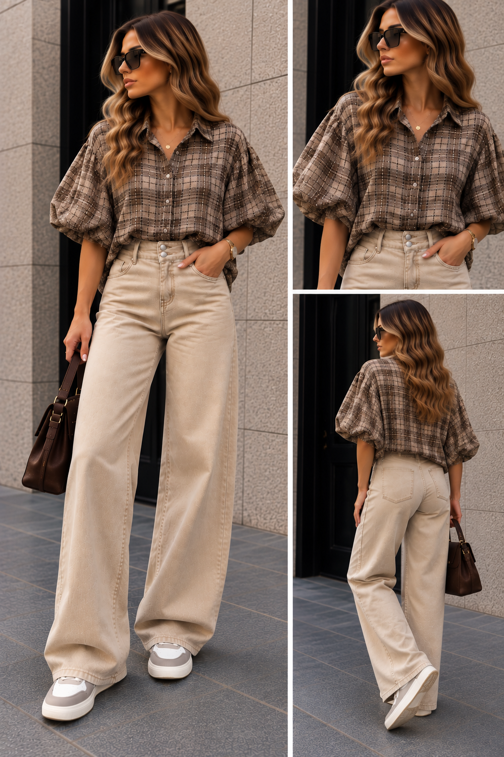 Blouse stof Vlindermouw Ruit Glitter I Beige/Taupe