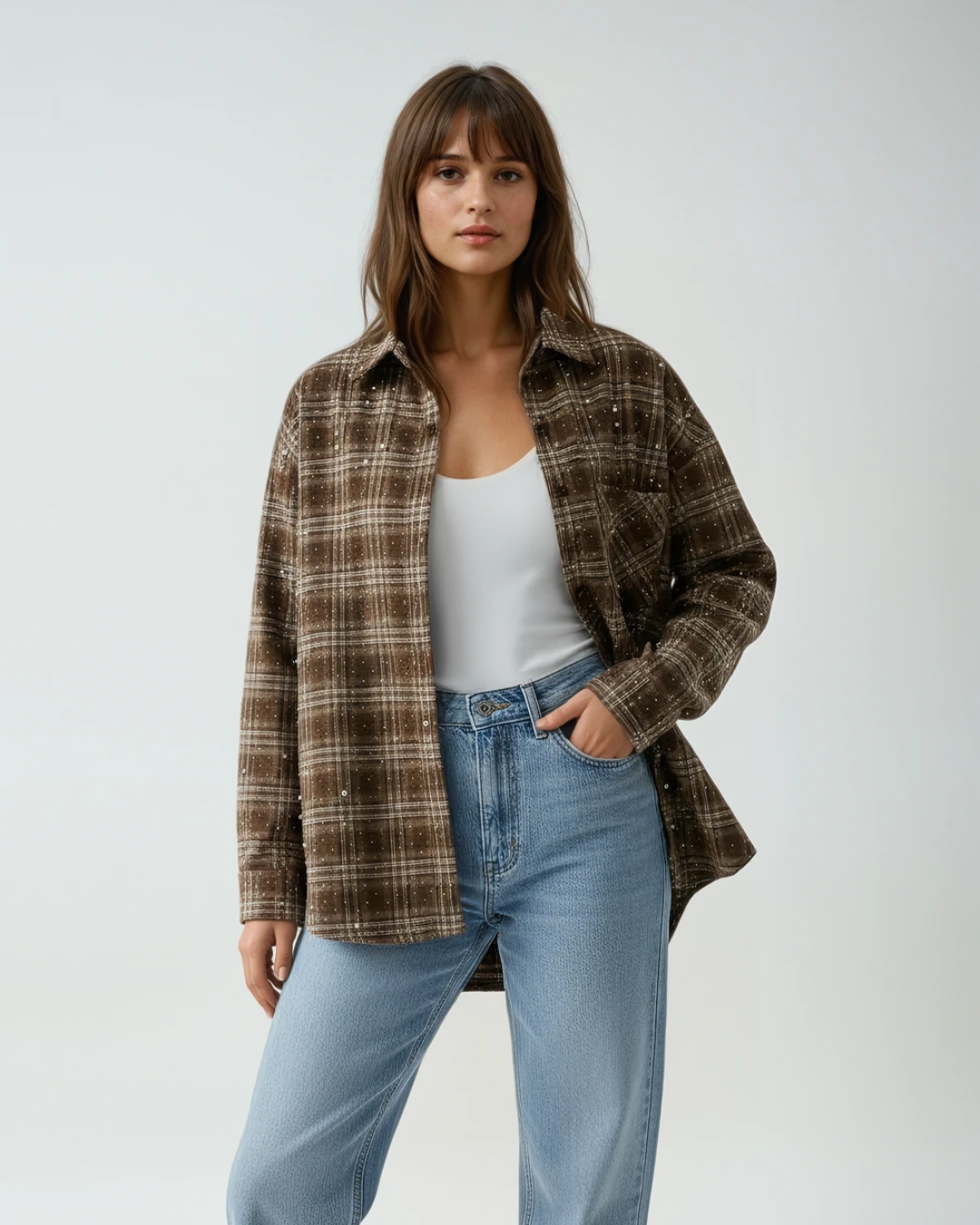 Blouse Strass Ruitjes| Bruin