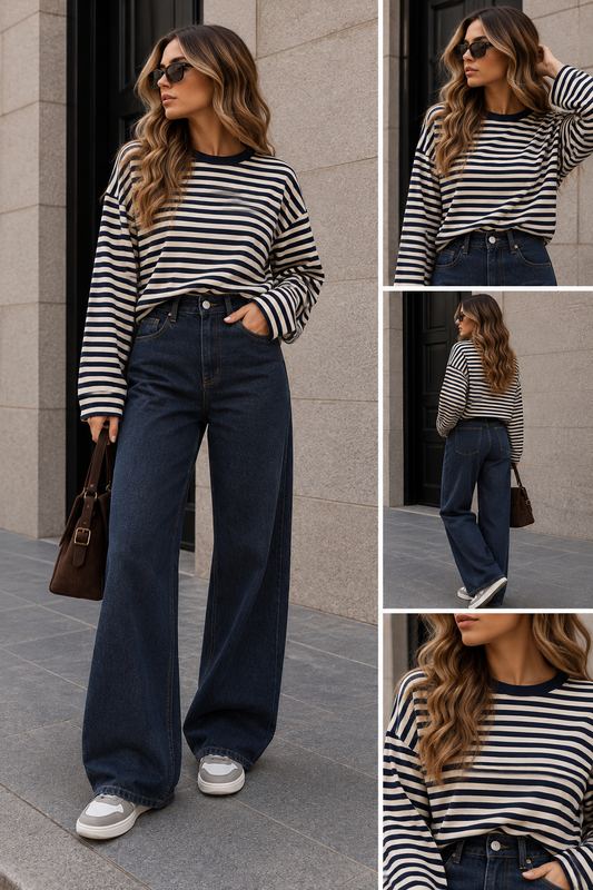 T-Shirt Longsleeve streep | Navy/wit