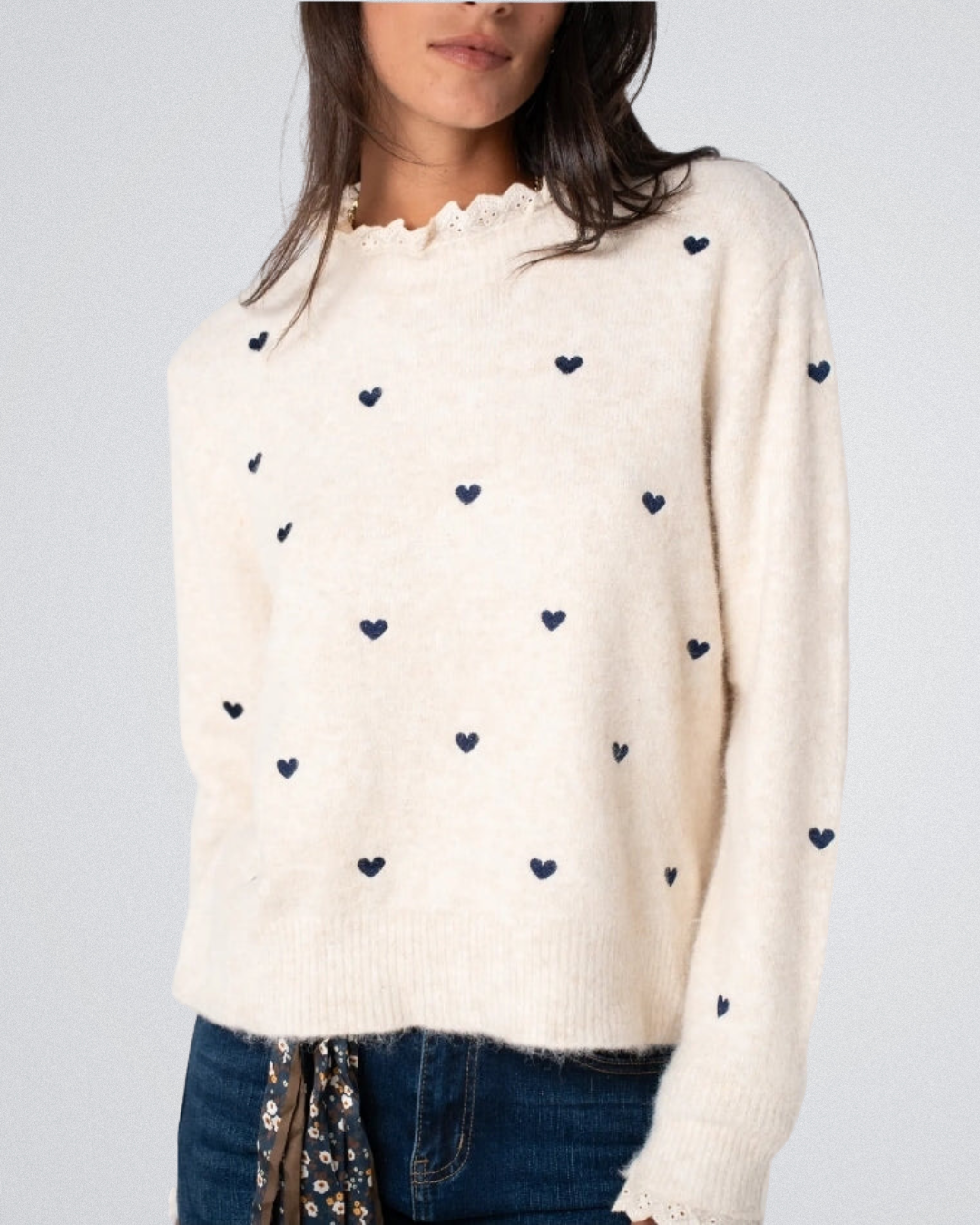 Trui Blauw hartjes | Ecru