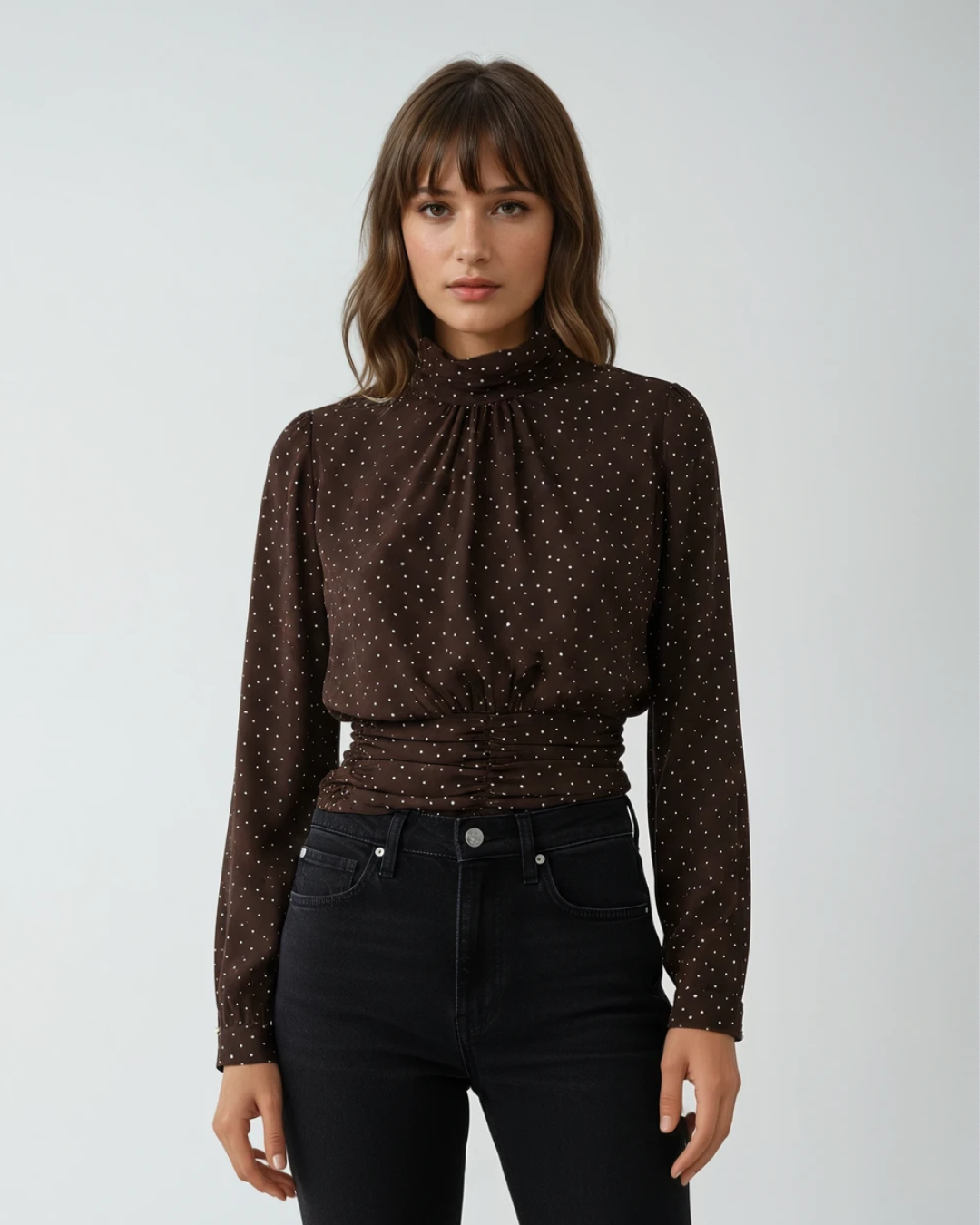 Blouse Top Turtle nek | Bruin strass