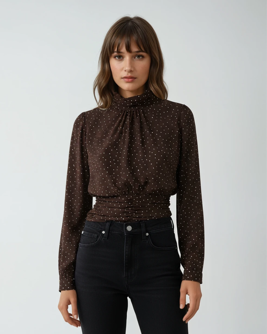 Blouse Top Turtle nek | Bruin strass