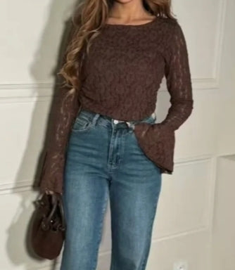 Transparante Top Vlindermouw | Bruin