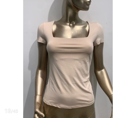 Vierkant Hals Top korte mouw | Beige